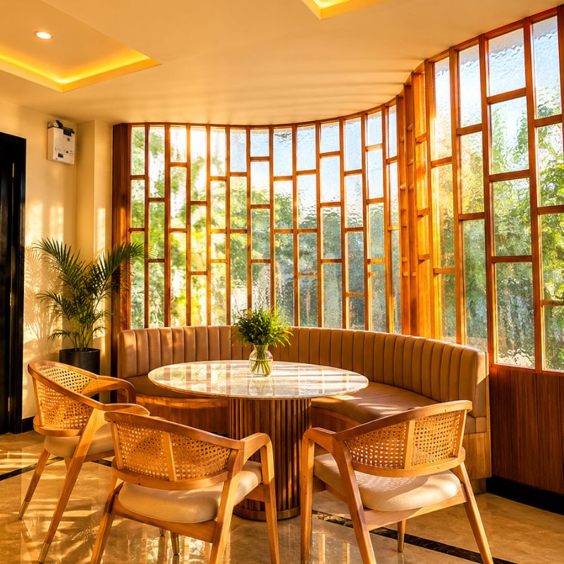 Cozy Dining Nook at Villa Miraan – Villa Near Lakhawali Lake Sunlit curved dining booth with a marble table and wooden chairs at a villa near Lakhawali Lake.