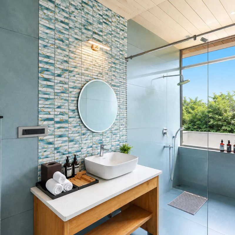 villa-miraan-udaipur-luxury-bathroom Modern bathroom with mosaic tiles and rain shower at Villa Miraan Udaipur